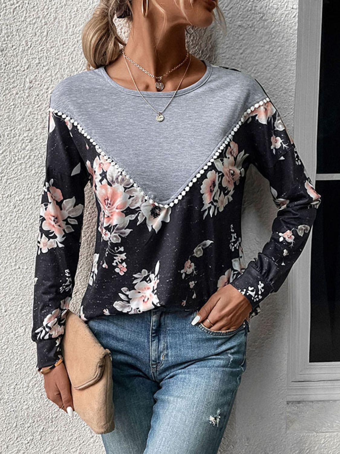 Perfee Floral Print Contrast Round Neck Dropped Shoulder Sweatshirt