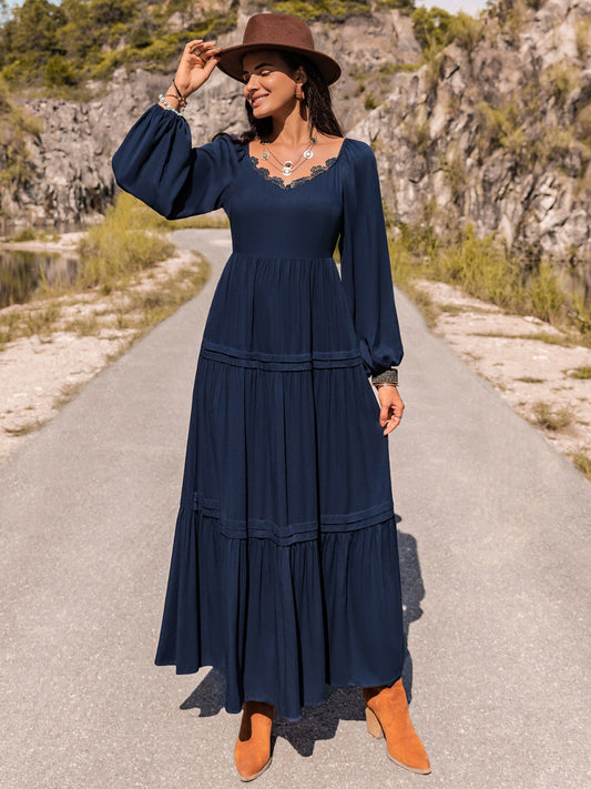 Long Sleeve Lace Trim Maxi Dress