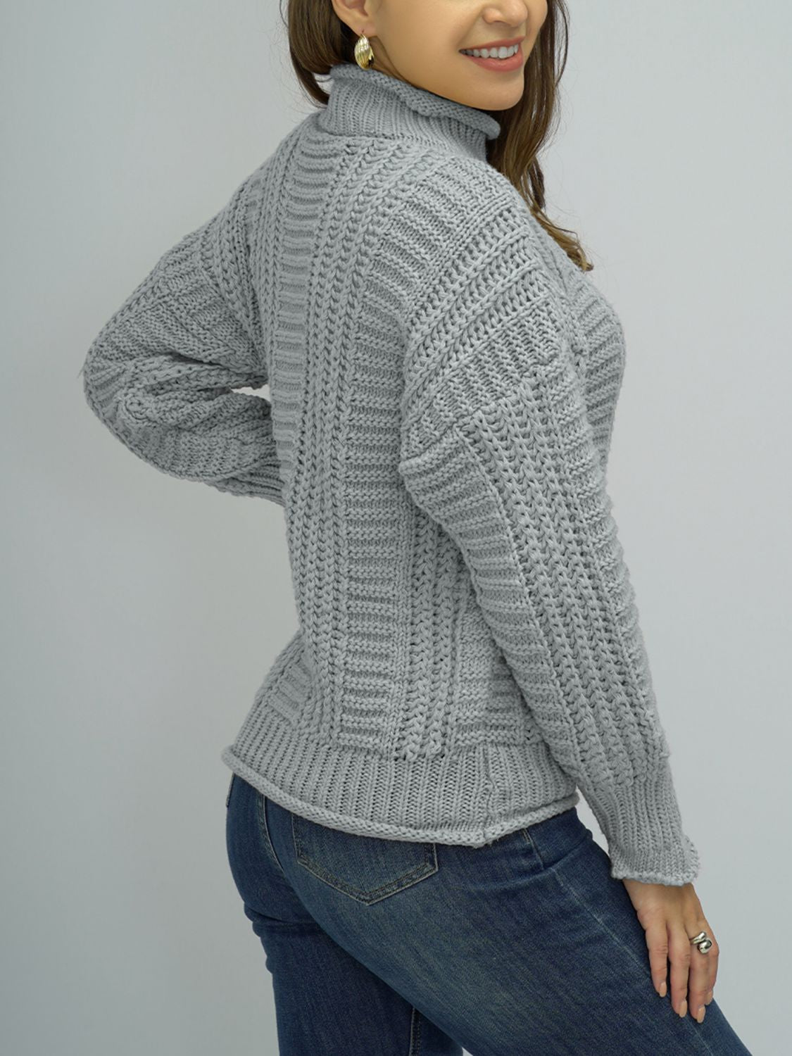 Shiny Cable-Knit Mock Neck Sweater