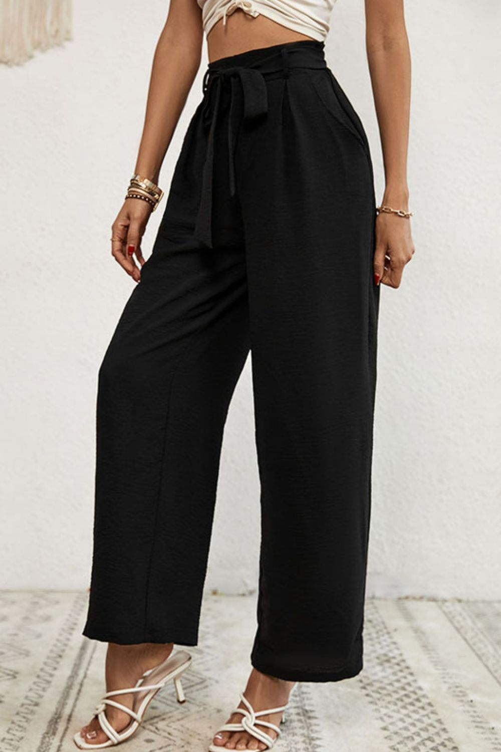 Perfee Belted Pleated Waist Wide Leg Pants