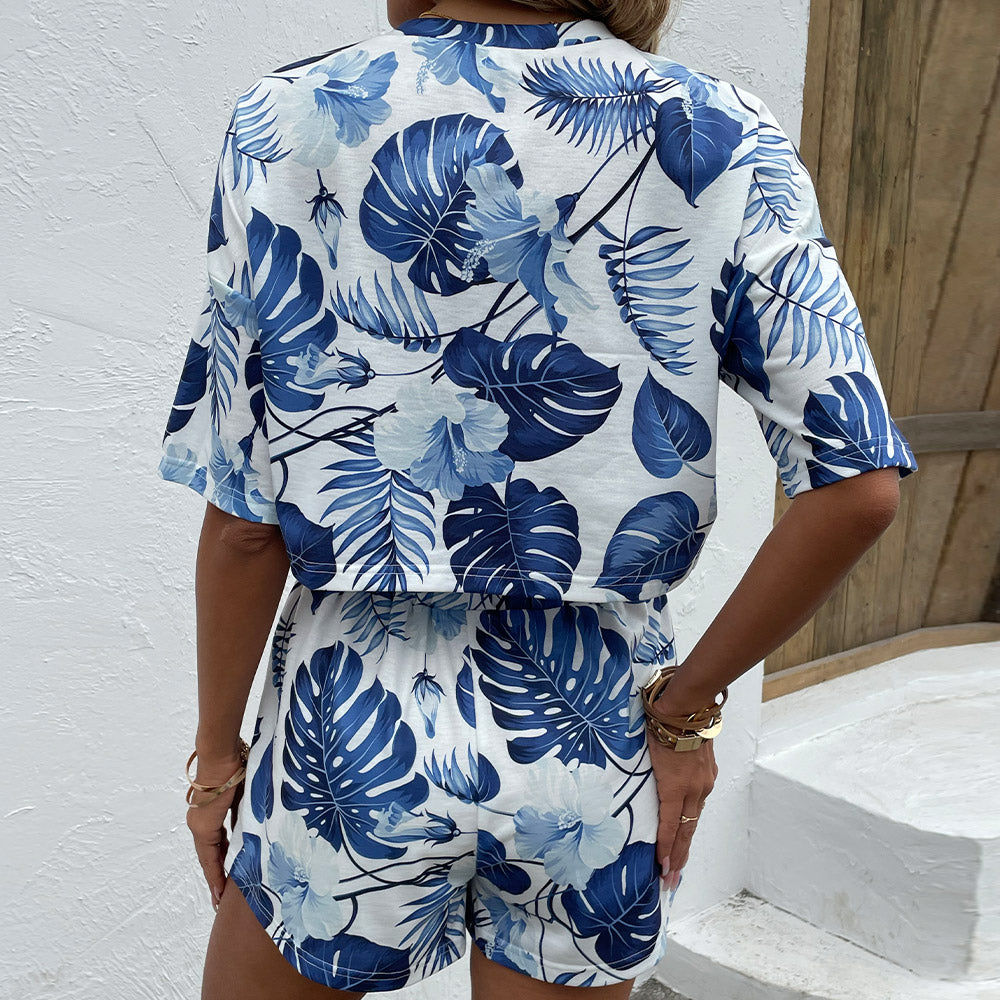 Shiny Floral Print Round Neck Dropped Shoulder Top and Shorts Set