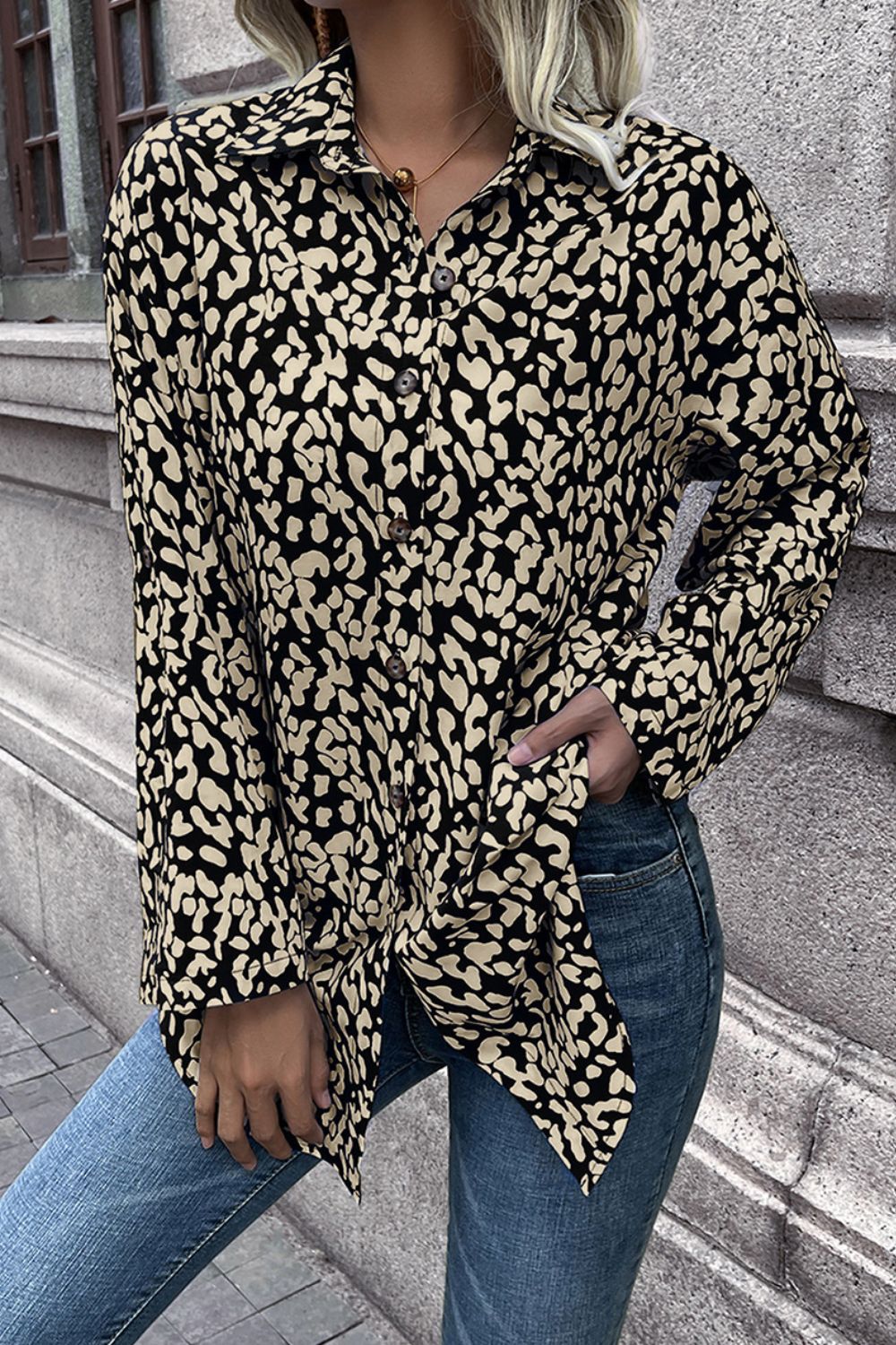 Ivy Lane Leopard Roll-Tap Sleeve Shirt