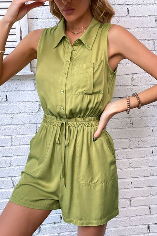 Perfee Collared Neck Sleeveless Romper with Pockets