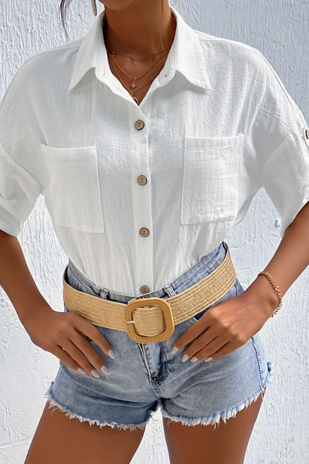 Perfee Roll-Tab Sleeve Shirt with Pockets