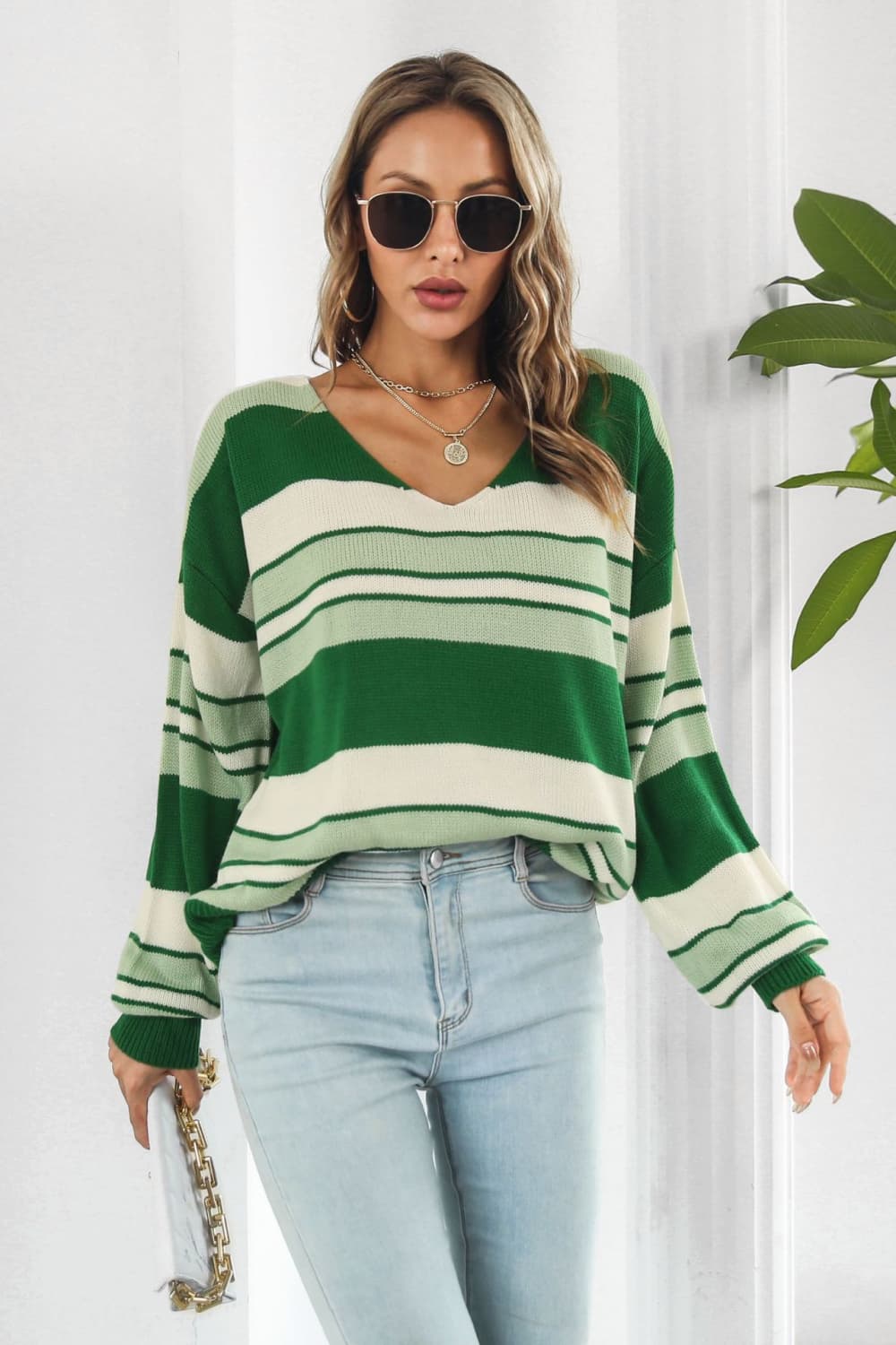 Striped V-Neck Dropped Shoulder Sweater