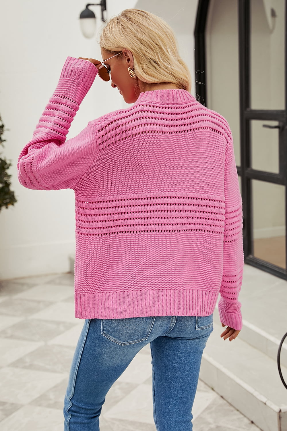 Round Neck Openwork Long Sleeve Pullover Sweater