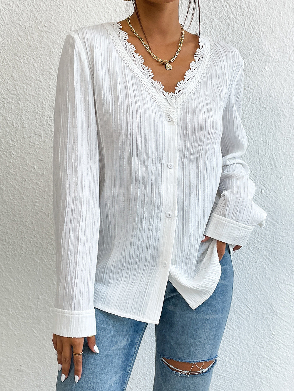 Ivy Lane Lace Trim V-Neck Long Sleeve Shirt