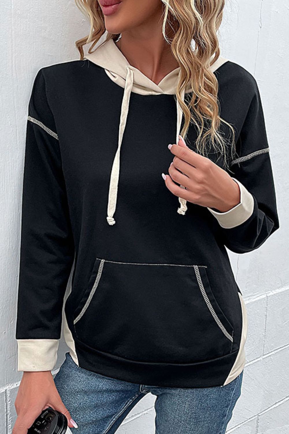 Perfee Contrast Drawstring Detail Drop Shoulder Hoodie