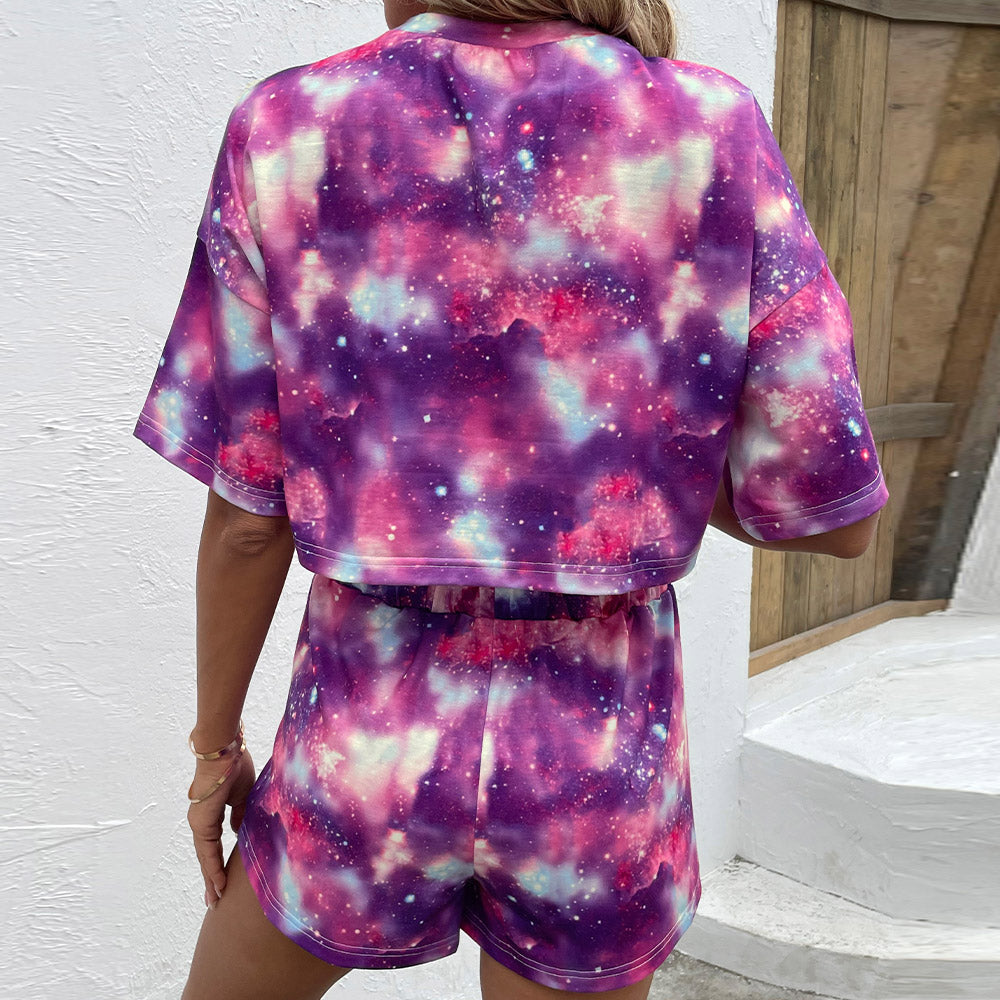 Shiny Tie Dye Round Neck Dropped Shoulder Half Sleeve Top and Shorts Set