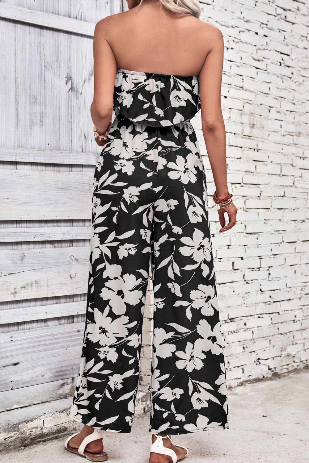 Perfee Floral Strapless Wide Leg Jumpsuit