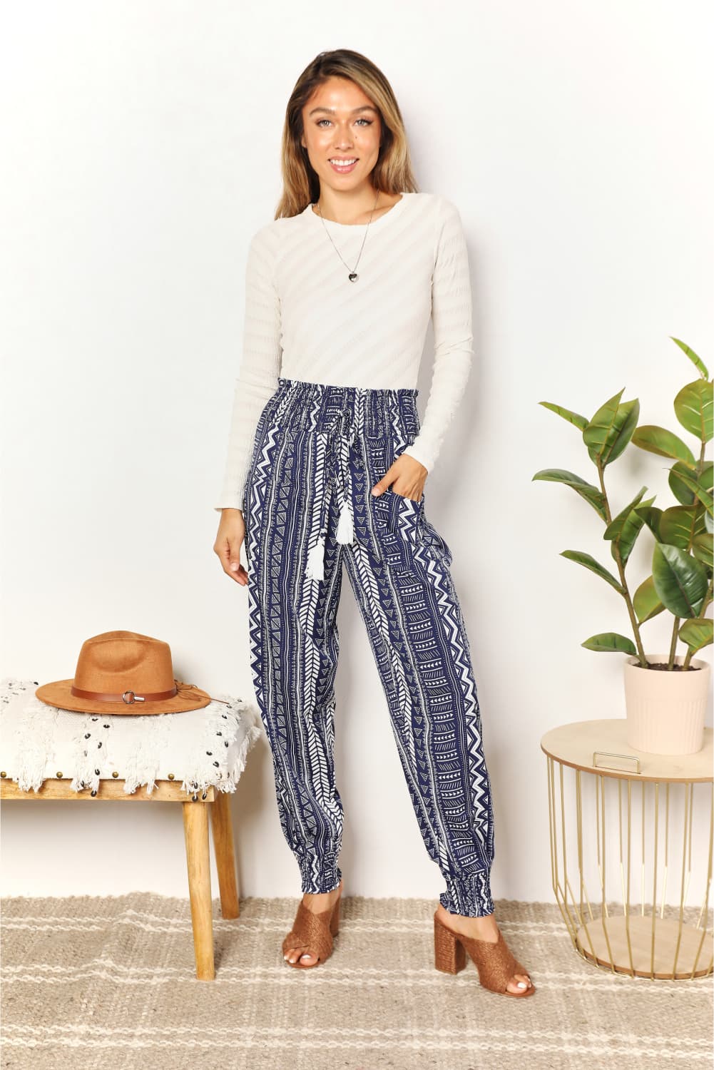 Perfee Geometric Print Tassel High-Rise Pants