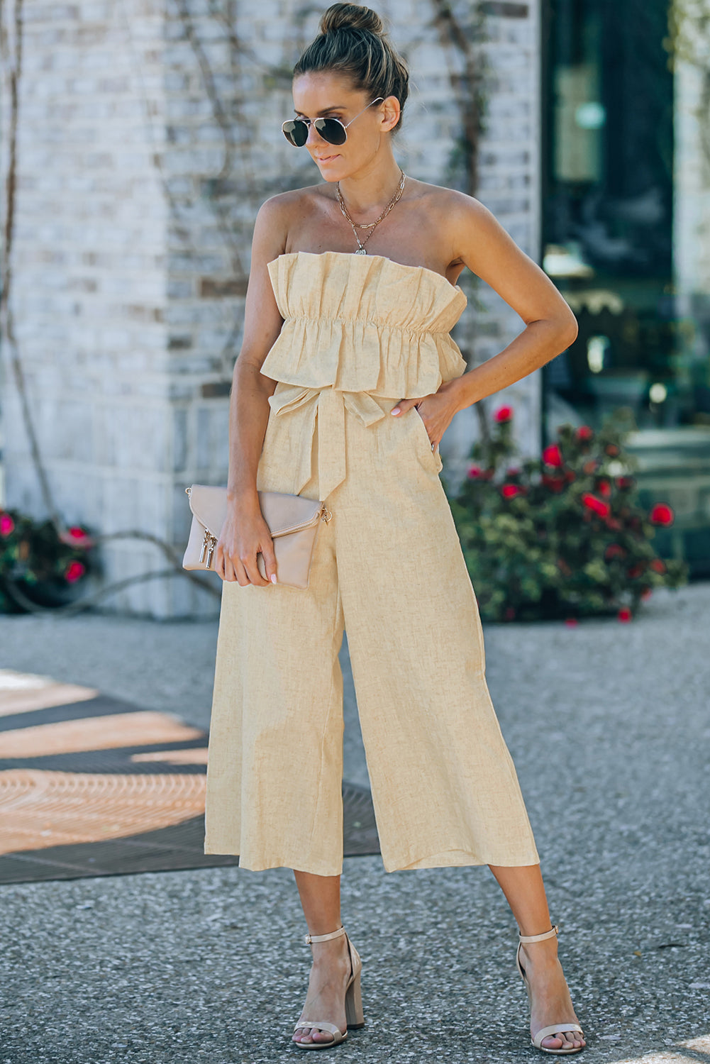 Ruffled Strapless Wide Leg Jumpsuit