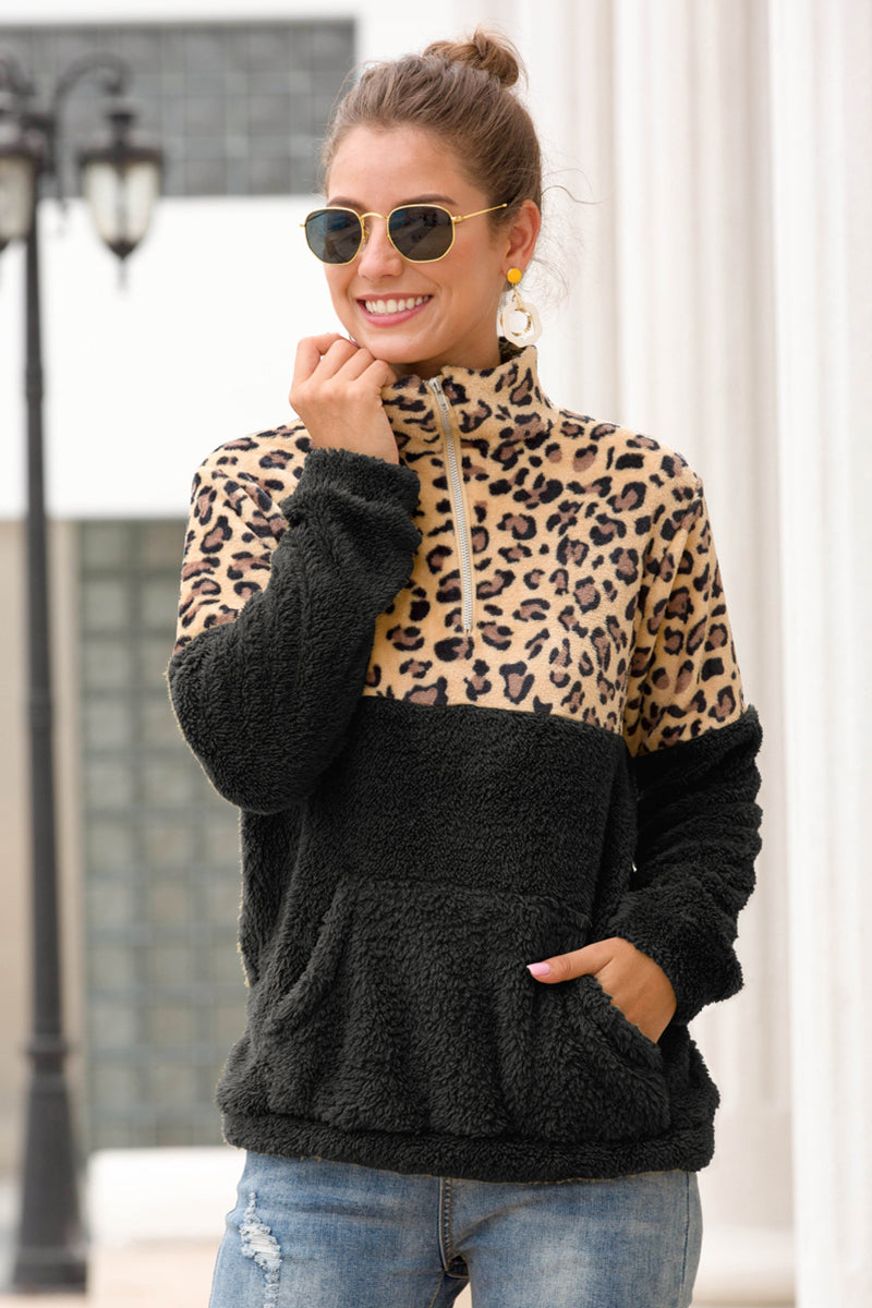 Ivy Lane Leopard Zip-Up Turtle Neck Dropped Shoulder Sweatshirt