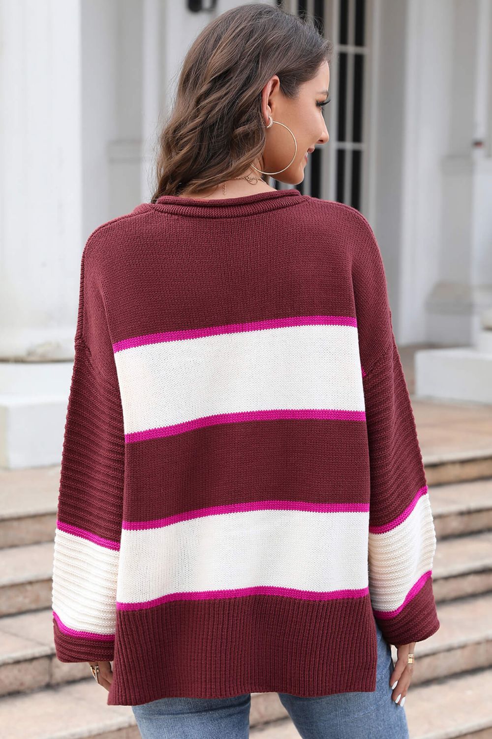 Angel Wings Striped Dropped Shoulder Side Slit Sweater