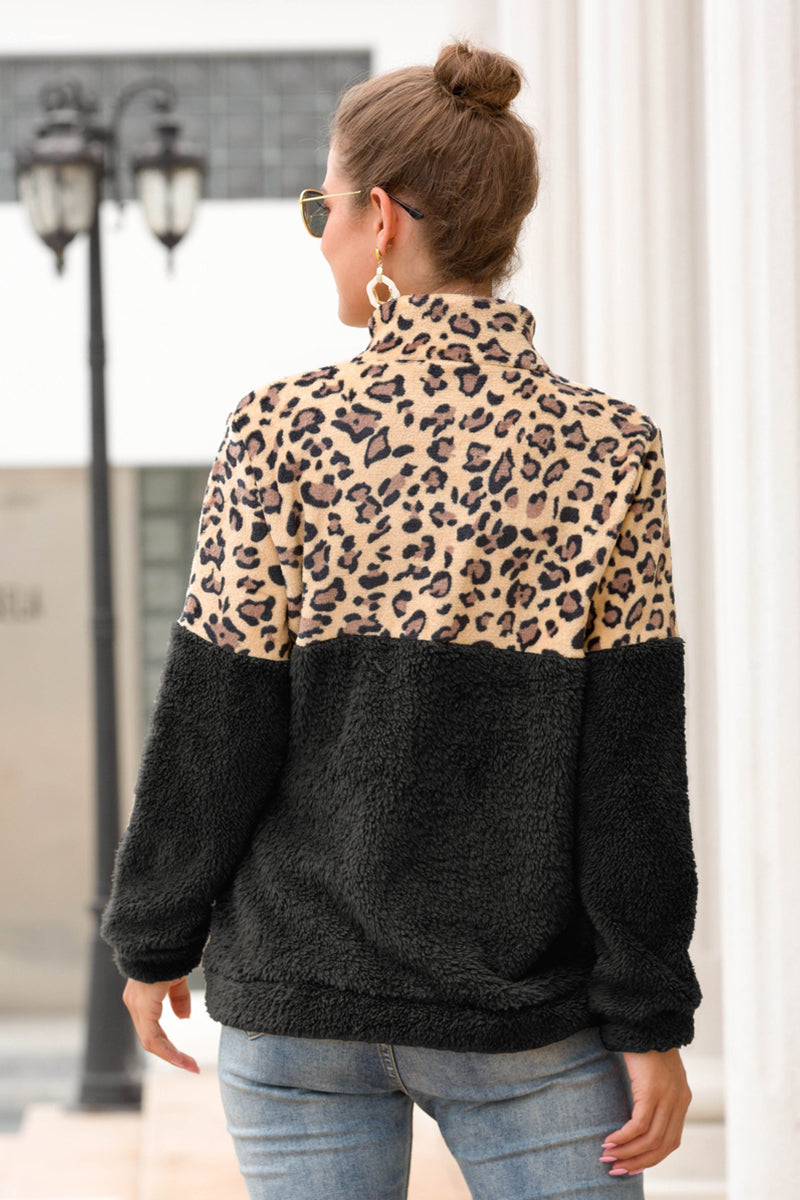 Ivy Lane Leopard Zip-Up Turtle Neck Dropped Shoulder Sweatshirt