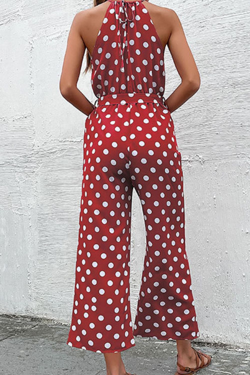 Perfee Polka Dot Grecian Wide Leg Jumpsuit