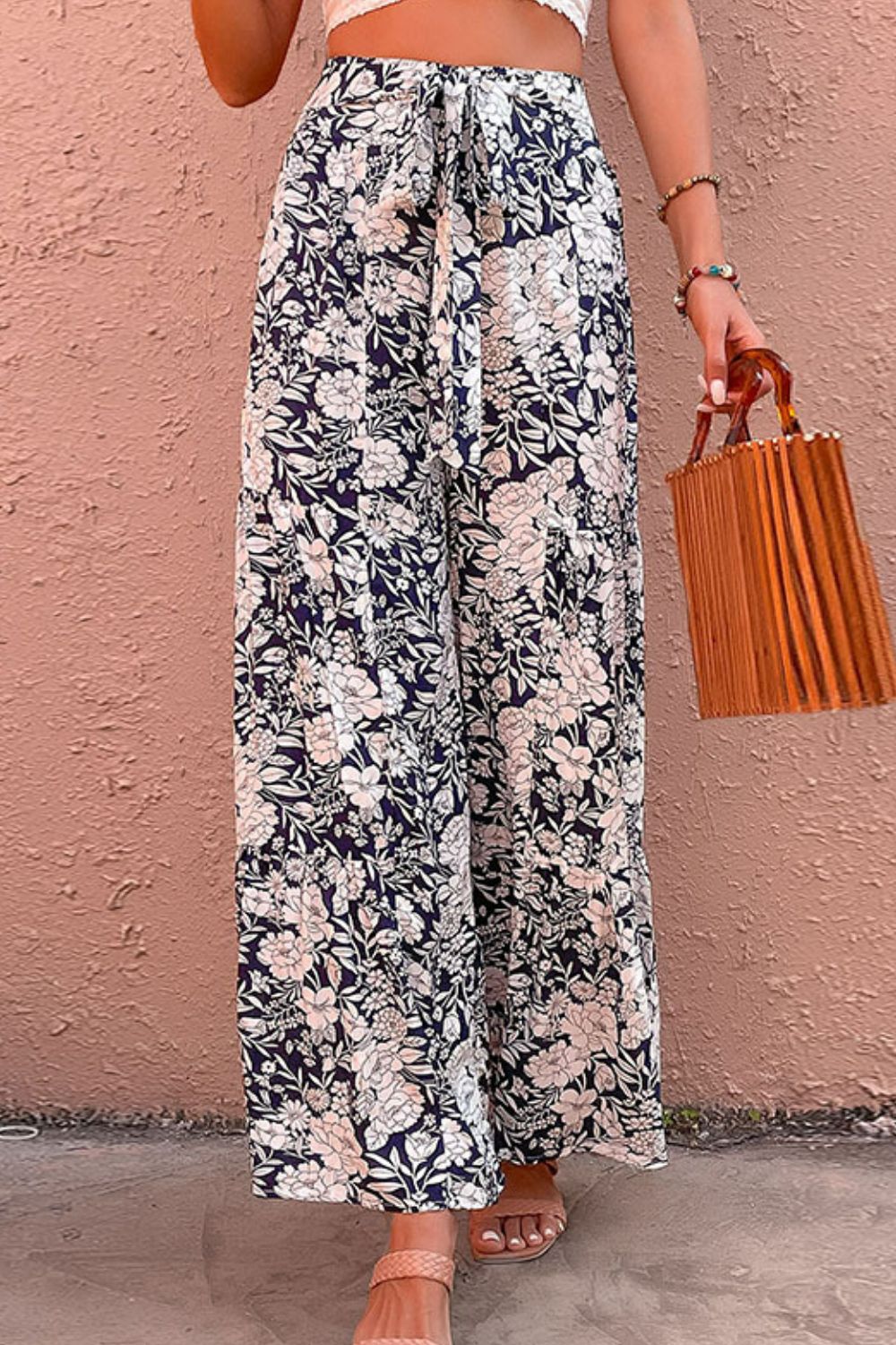 Perfee Floral Belted Wide Leg Pants