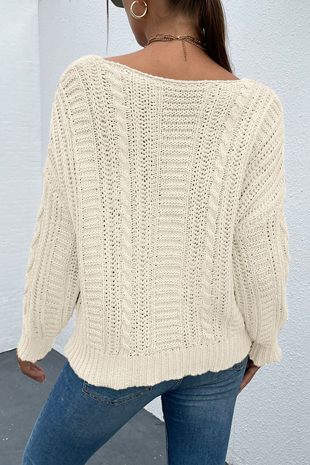 Shiny V-Neck Cable-Knit Long Sleeve Sweater