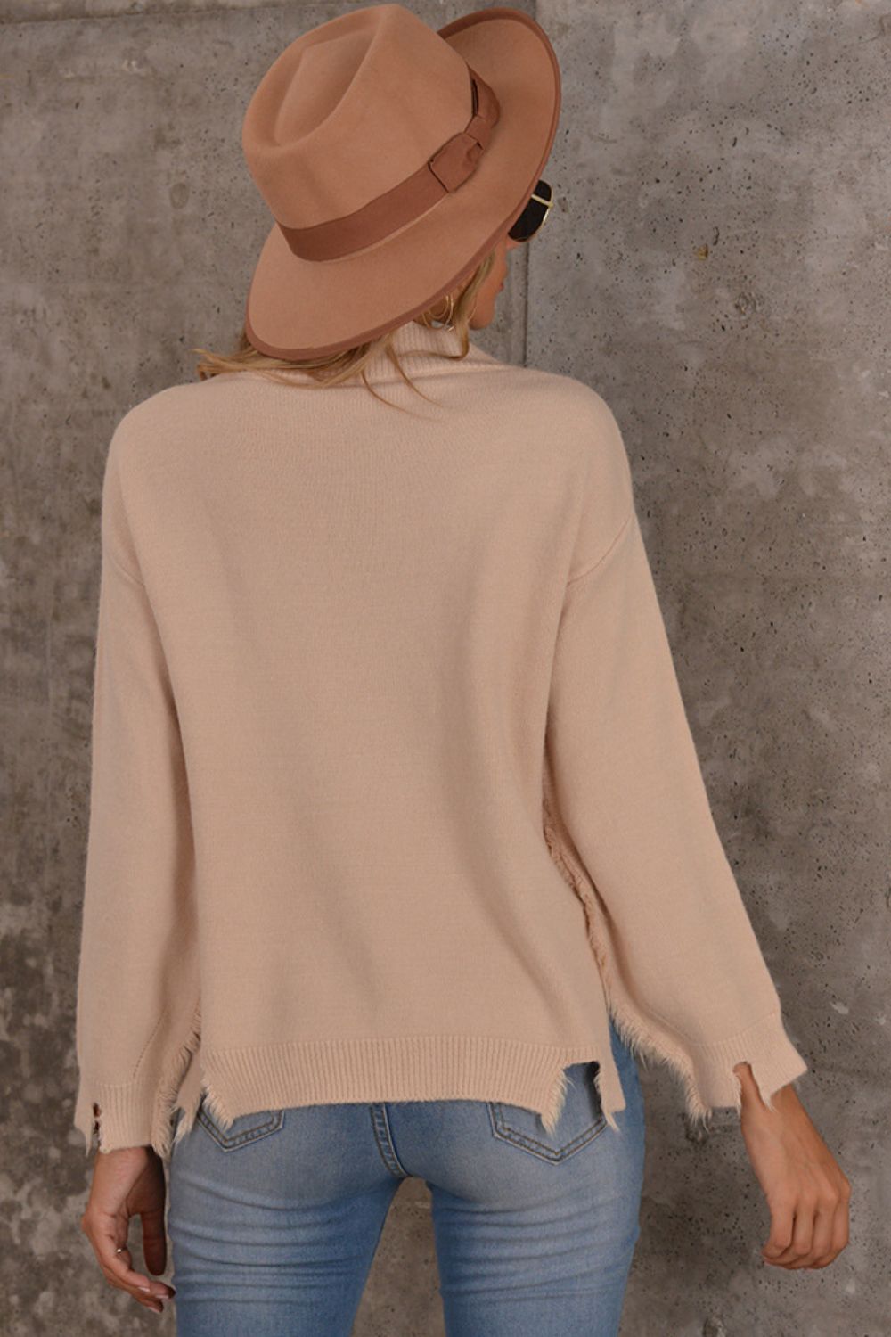 Shiny Frayed Trim V-Neck Sweater