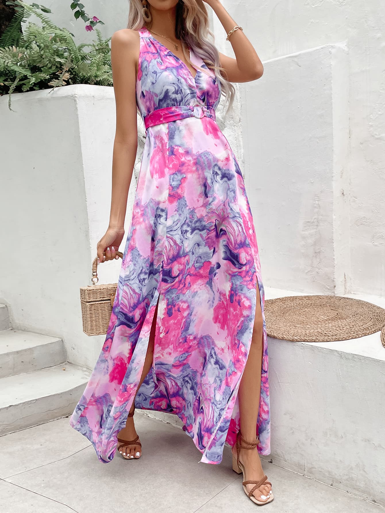 Honey Printed Open Back Slit Sleeveless Dress