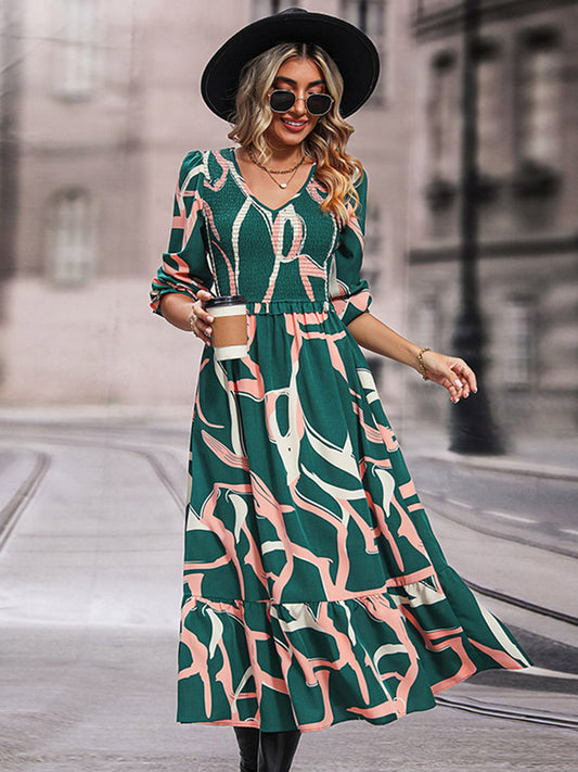 Perfee Printed Smocked V-Neck Three-Quarter Sleeve Midi Dress