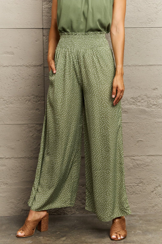 Perfee Smocked Waist Wide Leg Printed Long Pants