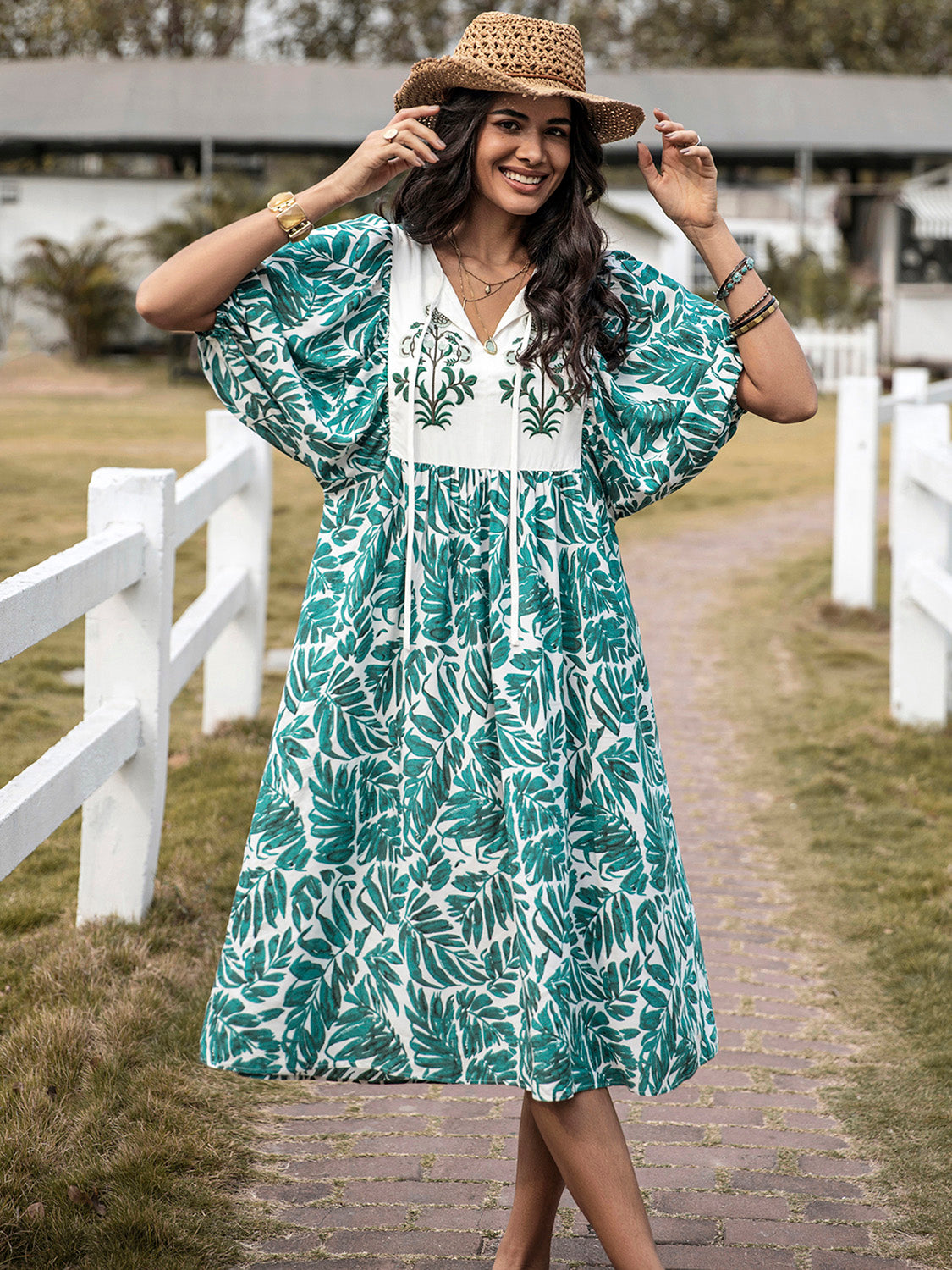 Printed Tie Neck Short Sleeve Midi Dress