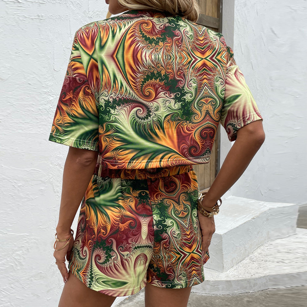 Shiny Printed Round Neck Dropped Shoulder Half Sleeve Top and Shorts Set