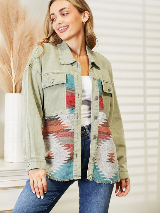 Dropped Shoulder Long Sleeve Printed Denim Jacket