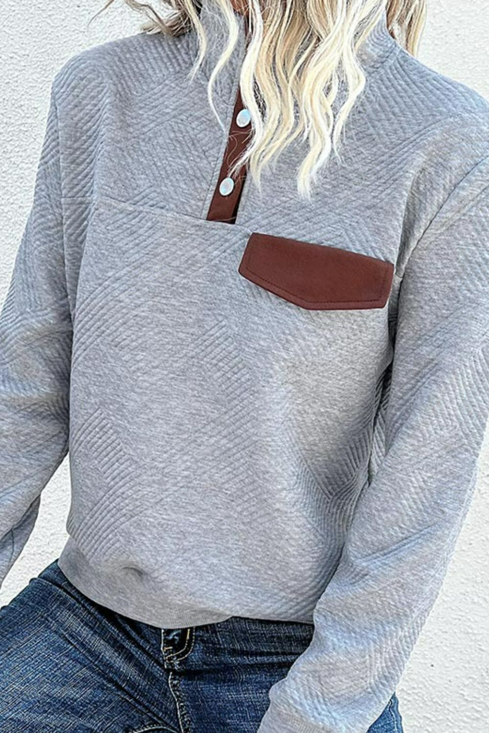 Perfee Contrast Ribbed Quarter-Snap Sweatshirt