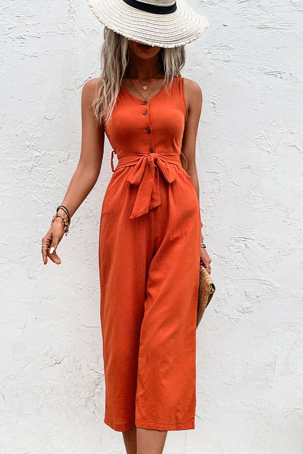 Shiny Tie Belt Sleeveless Jumpsuit with Pockets