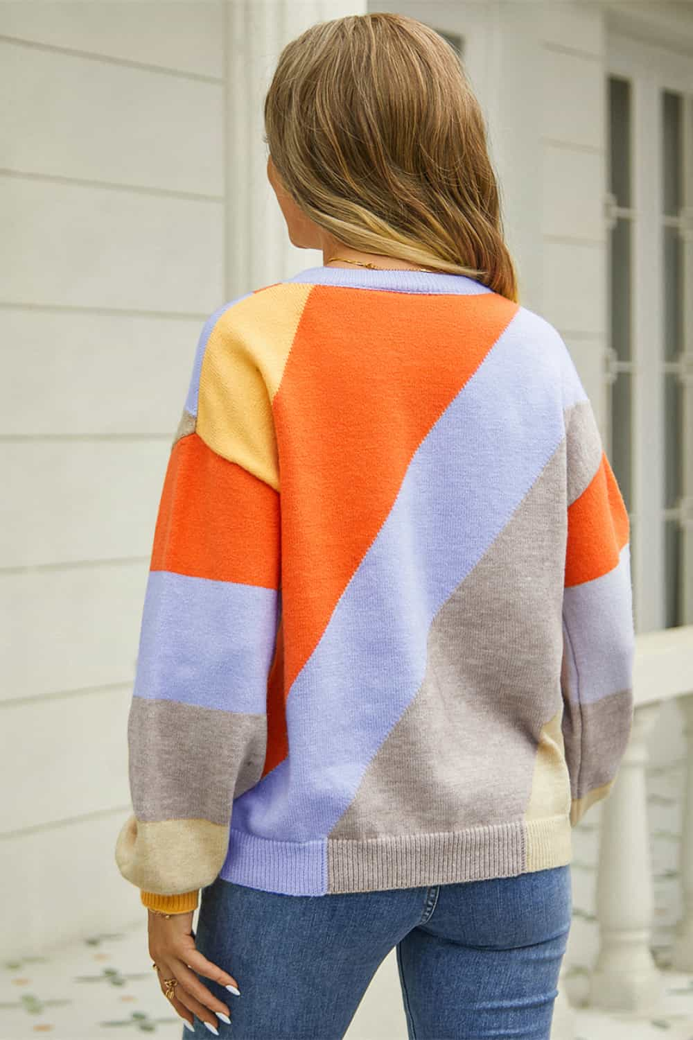 Angel Wings Color Block Round Neck Long Sleeve Sweater