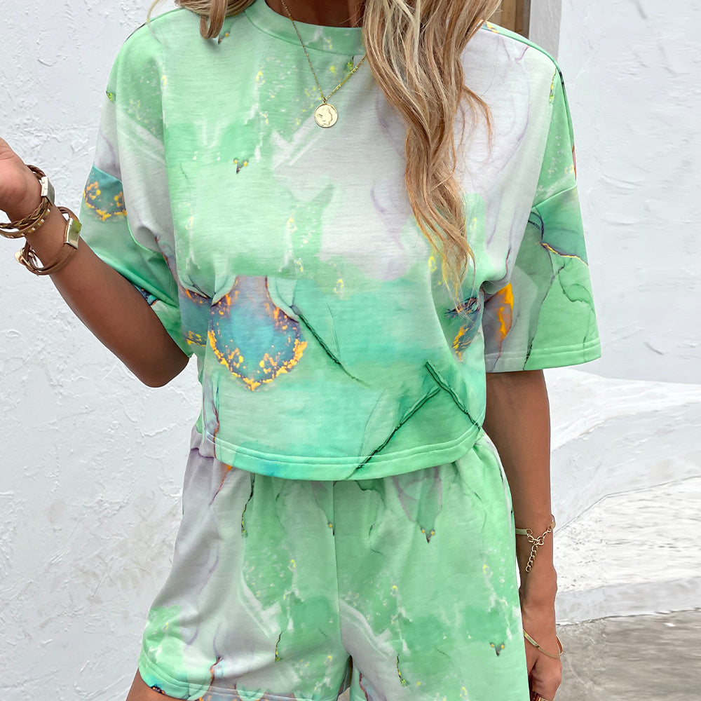 Shiny Printed Round Neck Dropped Shoulder Half Sleeve Top and Shorts Set