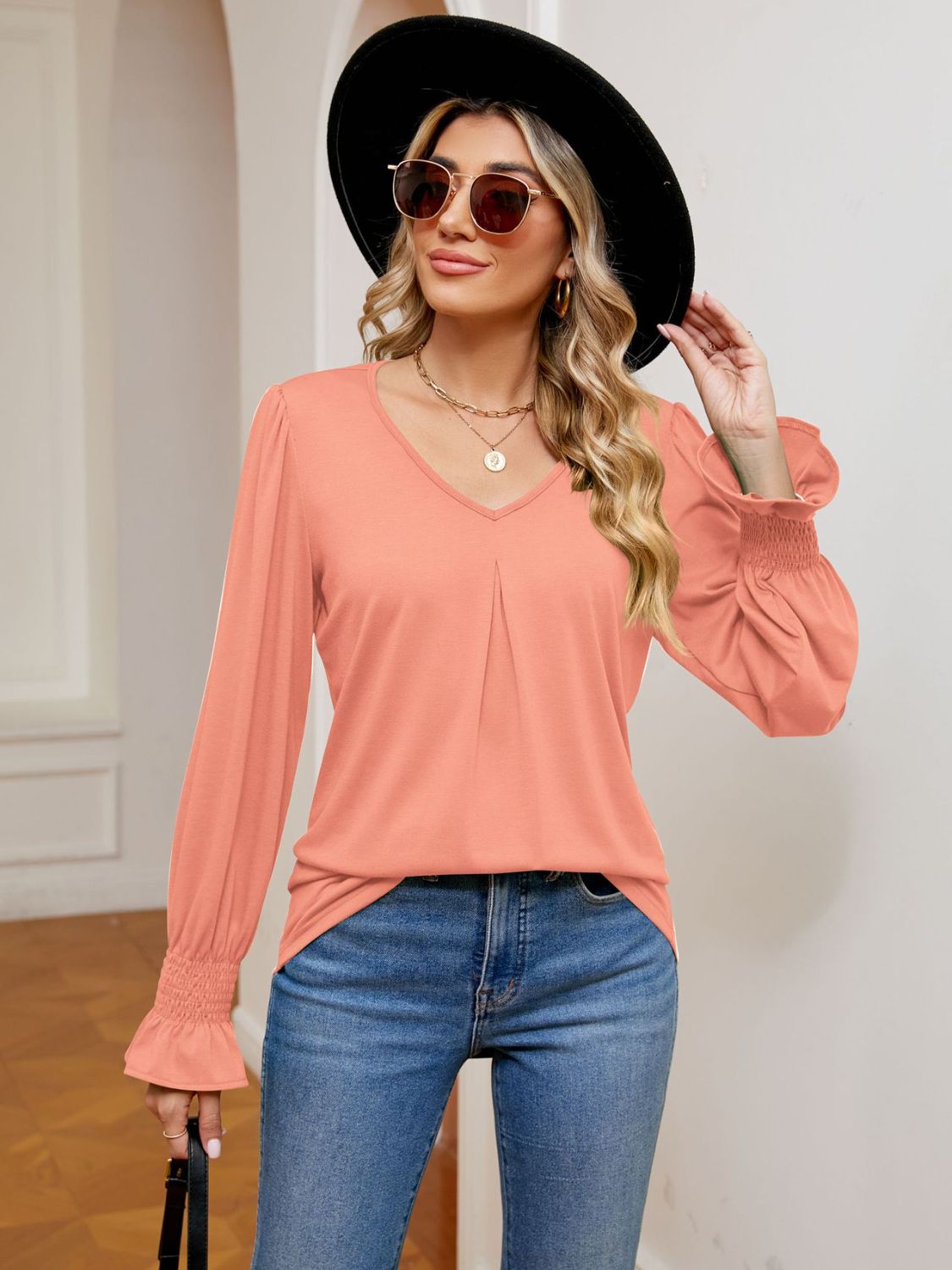 V-Neck Flounce Sleeve Blouse