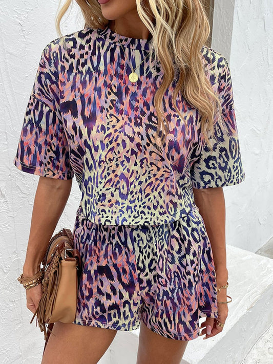 Shiny Printed Round Neck Dropped Shoulder Half Sleeve Top and Shorts Set