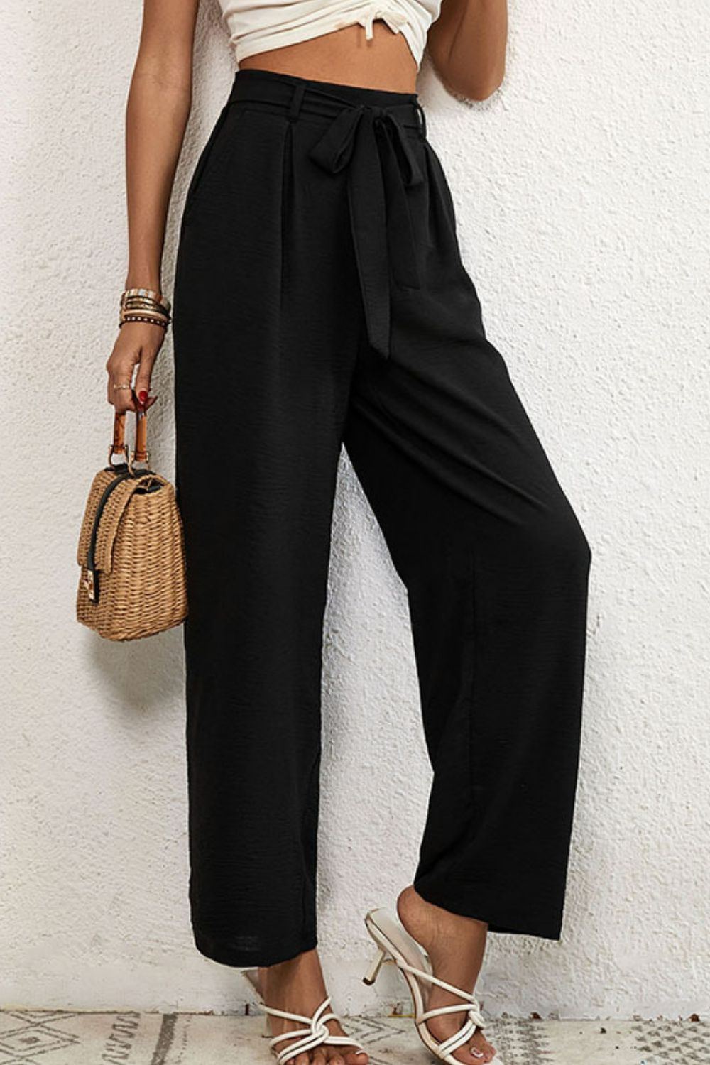 Perfee Belted Pleated Waist Wide Leg Pants