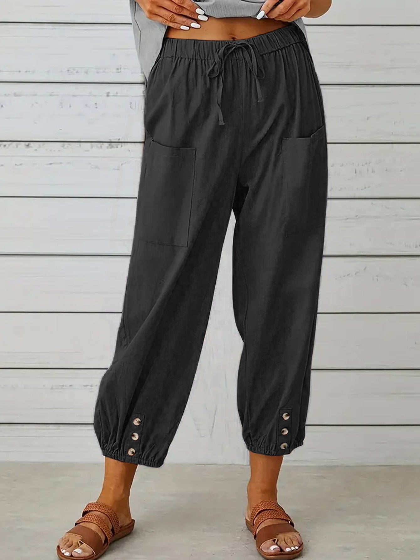 Shiny Decorative Button Cropped Pants