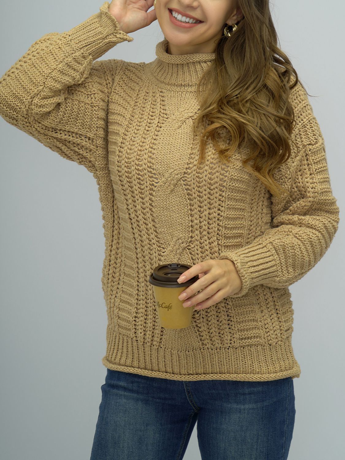 Shiny Cable-Knit Mock Neck Sweater