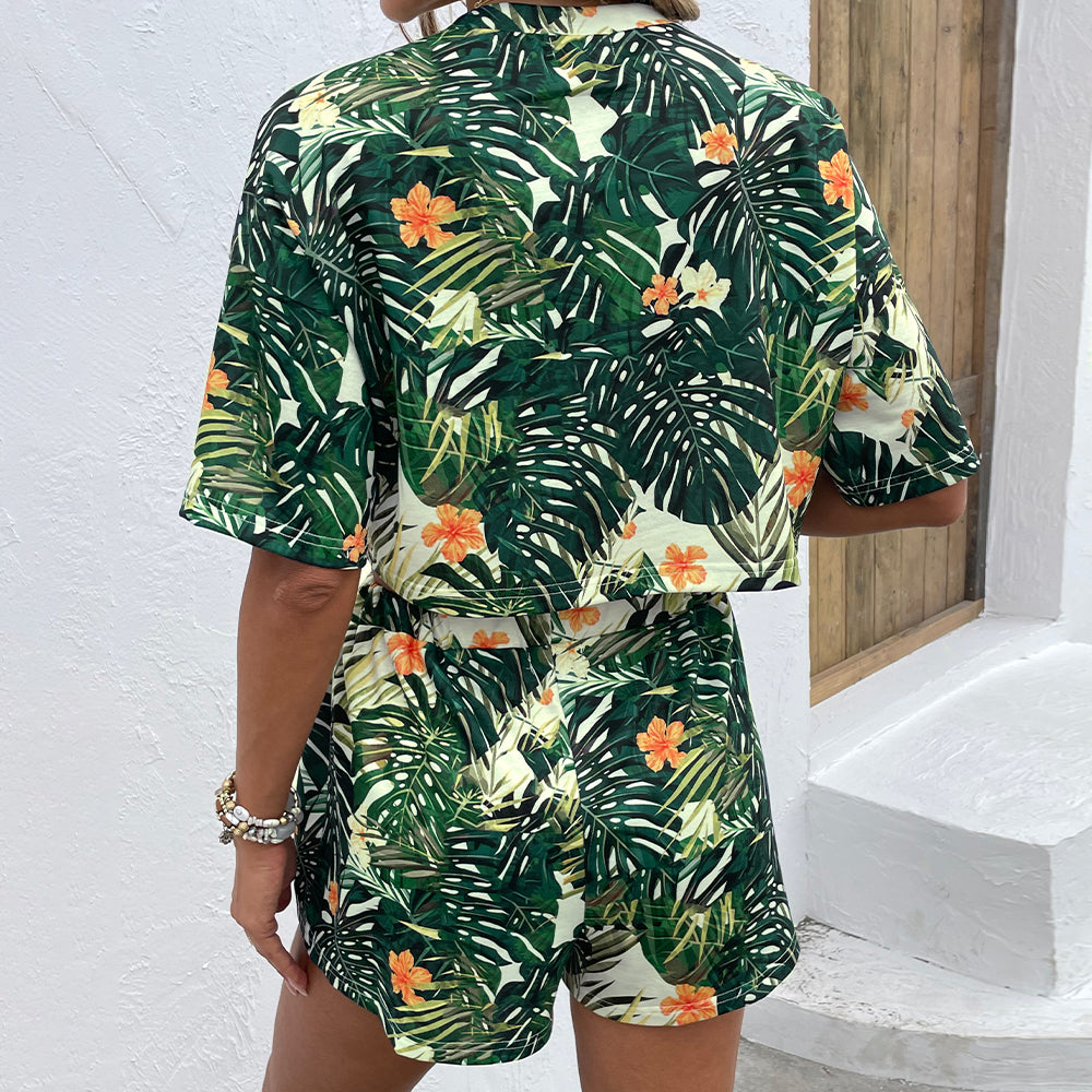 Shiny Floral Print Round Neck Dropped Shoulder Half Sleeve Top and Shorts Set