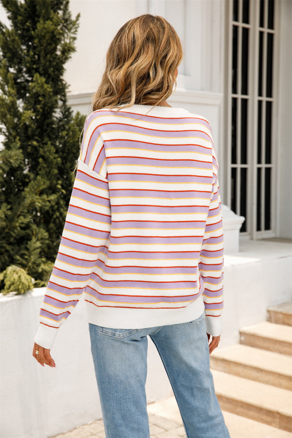 Angel Wings Striped Round Neck Dropped Shoulder Knit Top