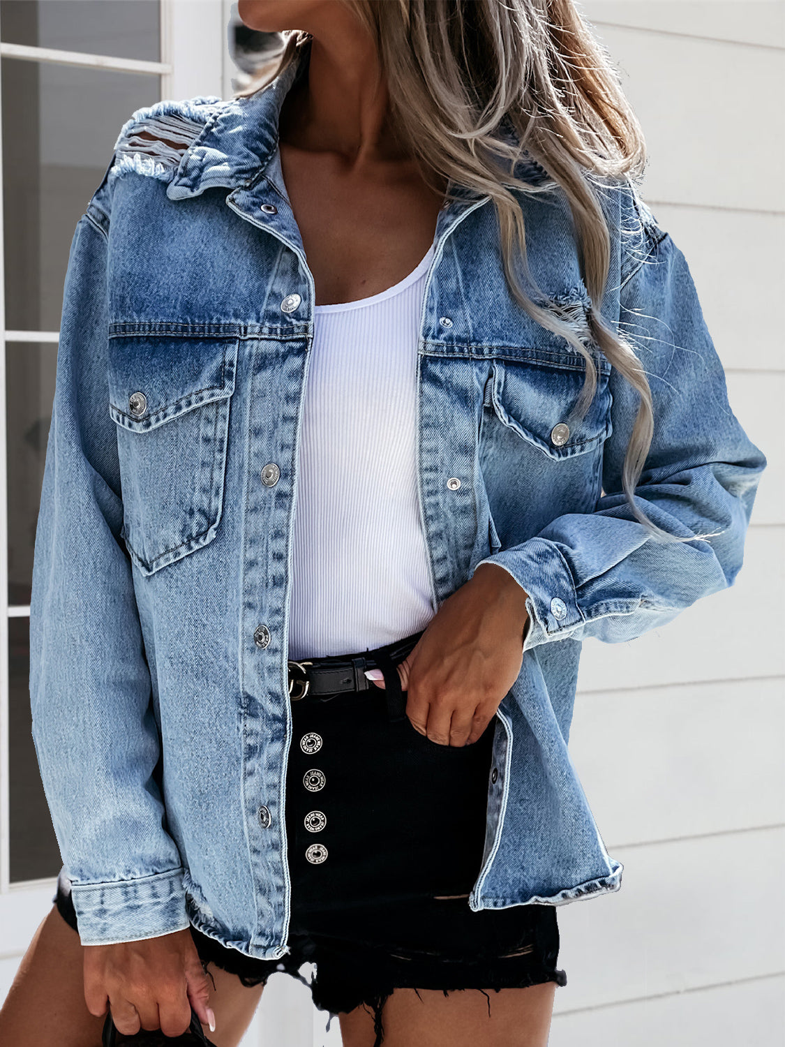 Distressed Snap Down Denim Jacket