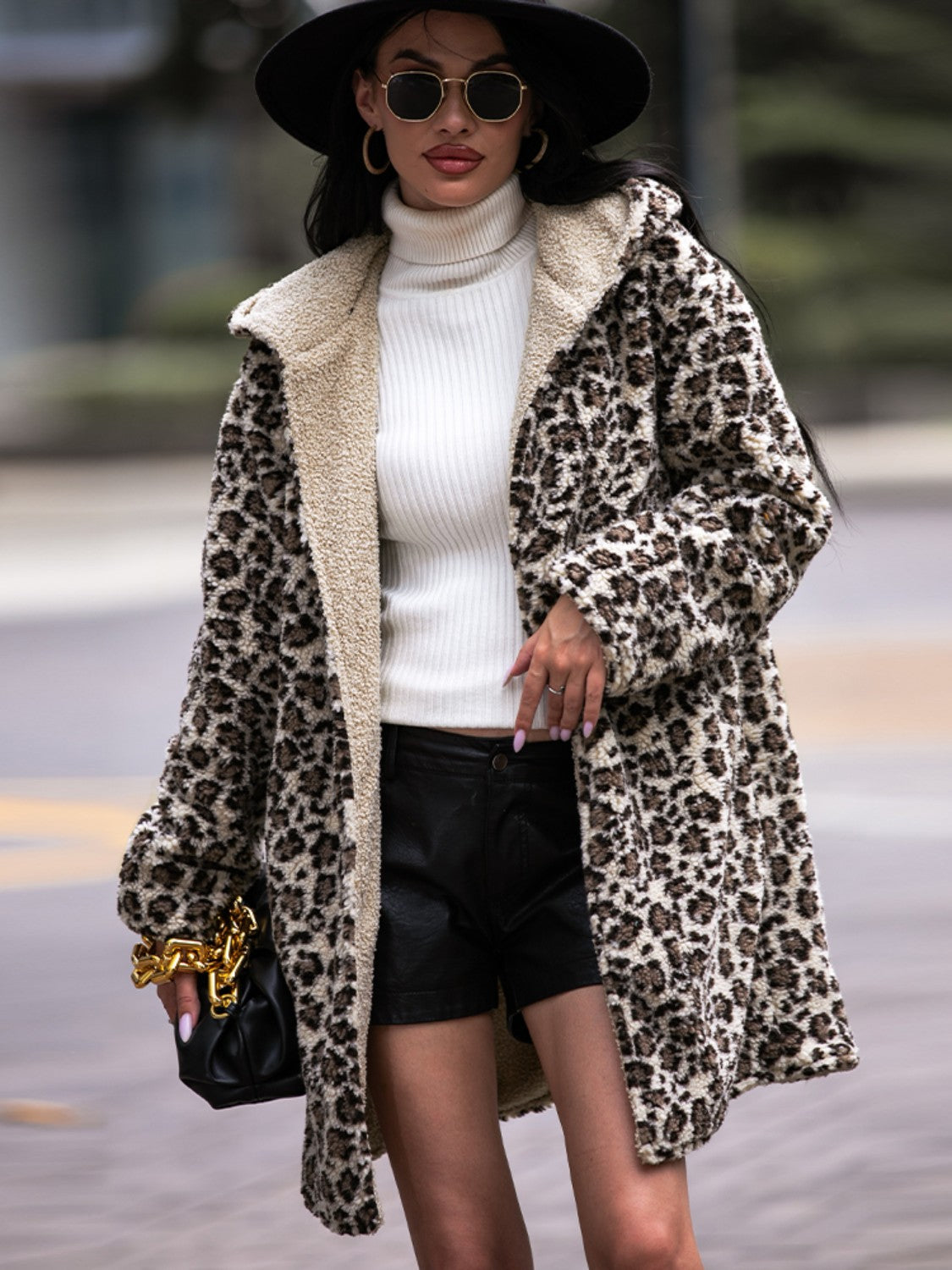 Shiny Leopard Hooded Coat with Pockets