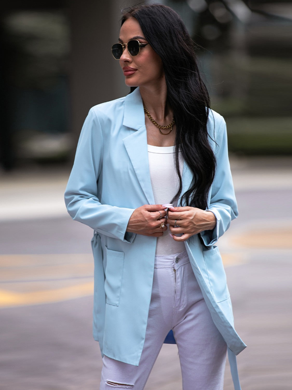 Shiny Tie Waist Long Sleeve Blazer