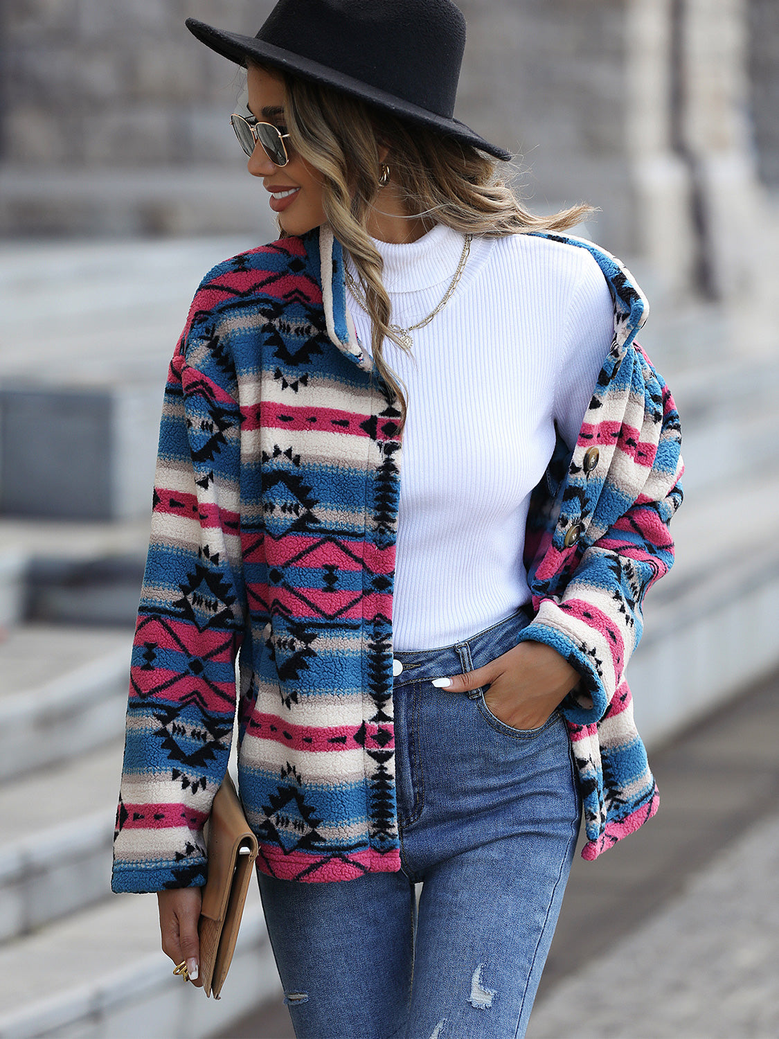 Geometric Button Down Dropped Shoulder Jacket