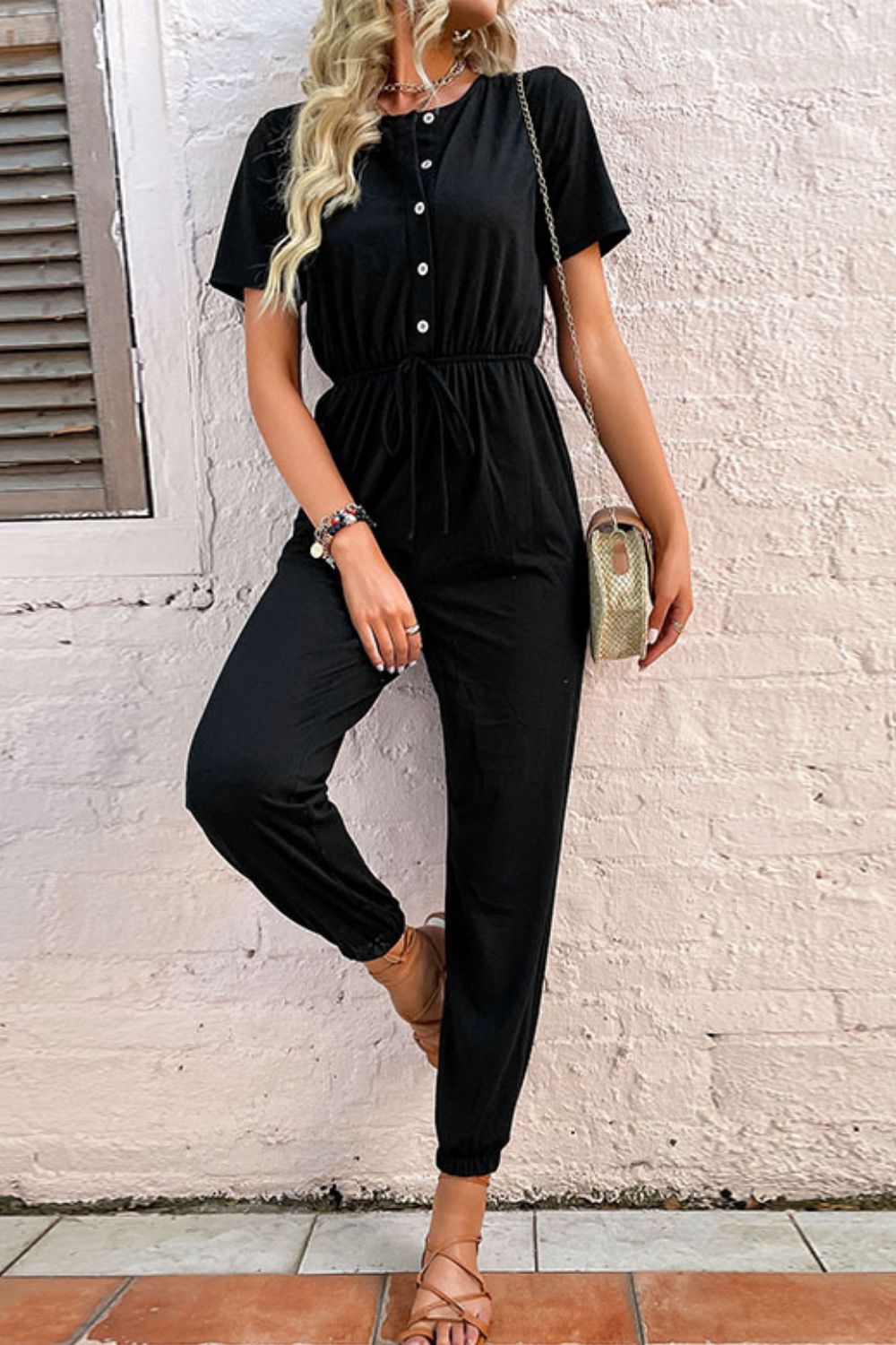 Perfee Button Front Short Sleeve Jogger Jumpsuit