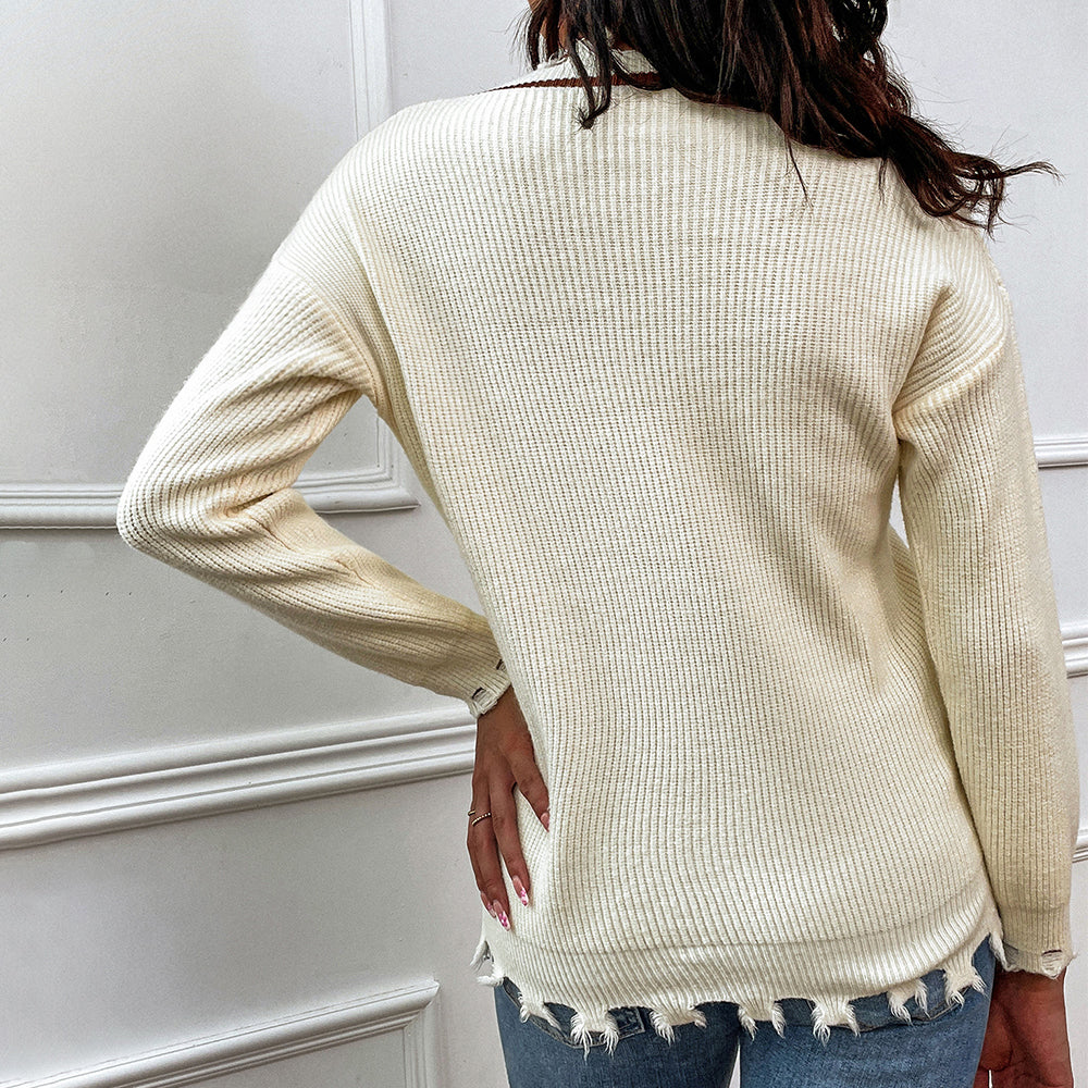 Shiny Frayed Detail V-Neck Sweater