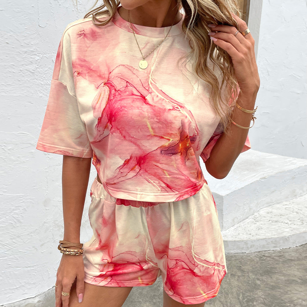 Shiny Printed Round Neck Dropped Shoulder Half Sleeve Top and Shorts Set